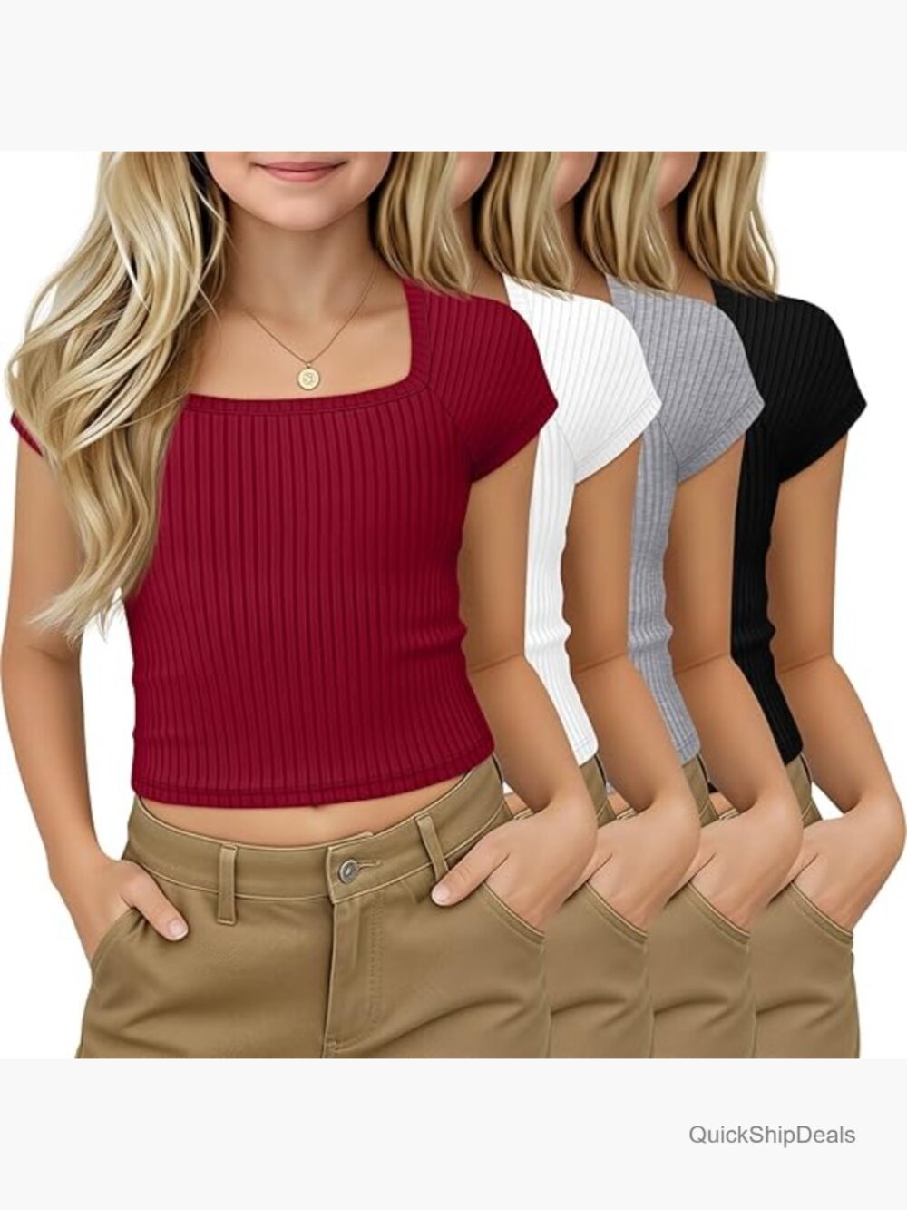 Girls Ribbed Crop Tops 4 Pack Square Neck Short Sleeve Tees